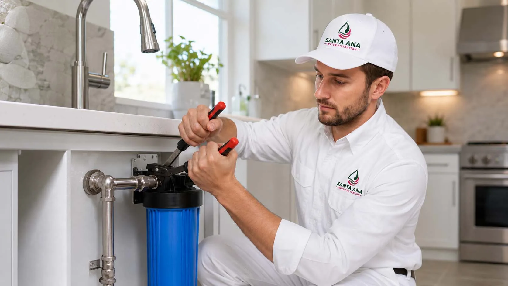 How Often Should You Change Your Water Filter in Santa Ana? How often to change your water filter in Santa Ana — technician servicing an under-sink water filter housing in a Santa Ana kitchen