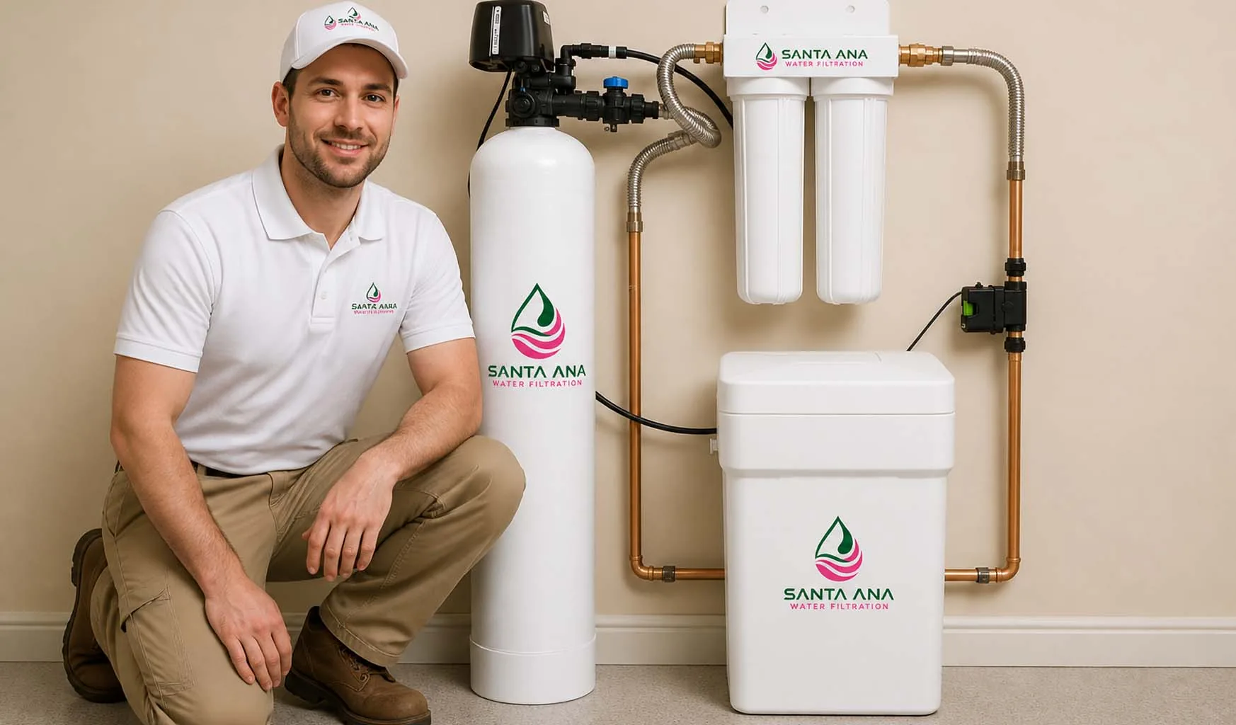 Water softener cost in Santa Ana: softener tank, brine tank and filter housings installed in a garage